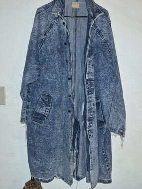Acid Wash Denim Trench Coat - Blue